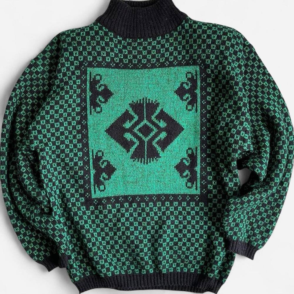 Vintage Nilani Metallic Green Black Retro Acrylic Wool Blend Mockneck Sweater